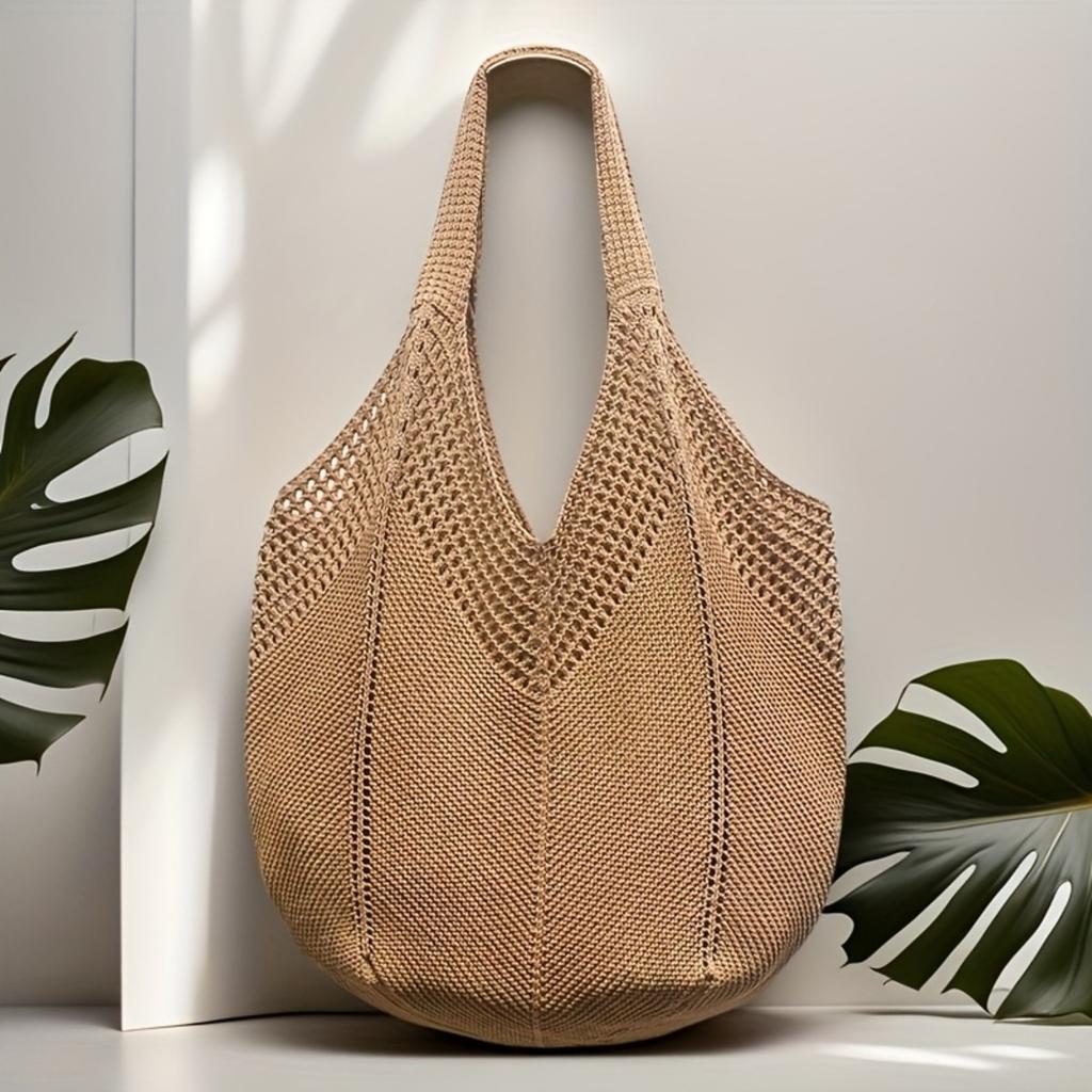 Ladies' Large Capacity Bohemian Knitted Crocheted Shoulder Bag, Fashionable Hollow Woven Tote Bag, Beach Vacation and Leisure Outing, Beach Bag