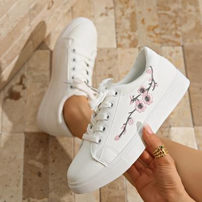 Модные женские кроссовки Студенческие повседневные Кроссовки Дизайнерские Летние с цветочным узором Вышитые на плоской подошве Низкие Белые туфли для женщин