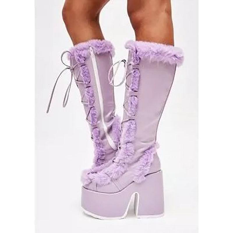 Зимние женские зимние сапоги на платформе с танкеткой и высоким каблуком из искусственного меха, женские плюшевые теплые нескользящие сапоги до середины голени, готическая обувь