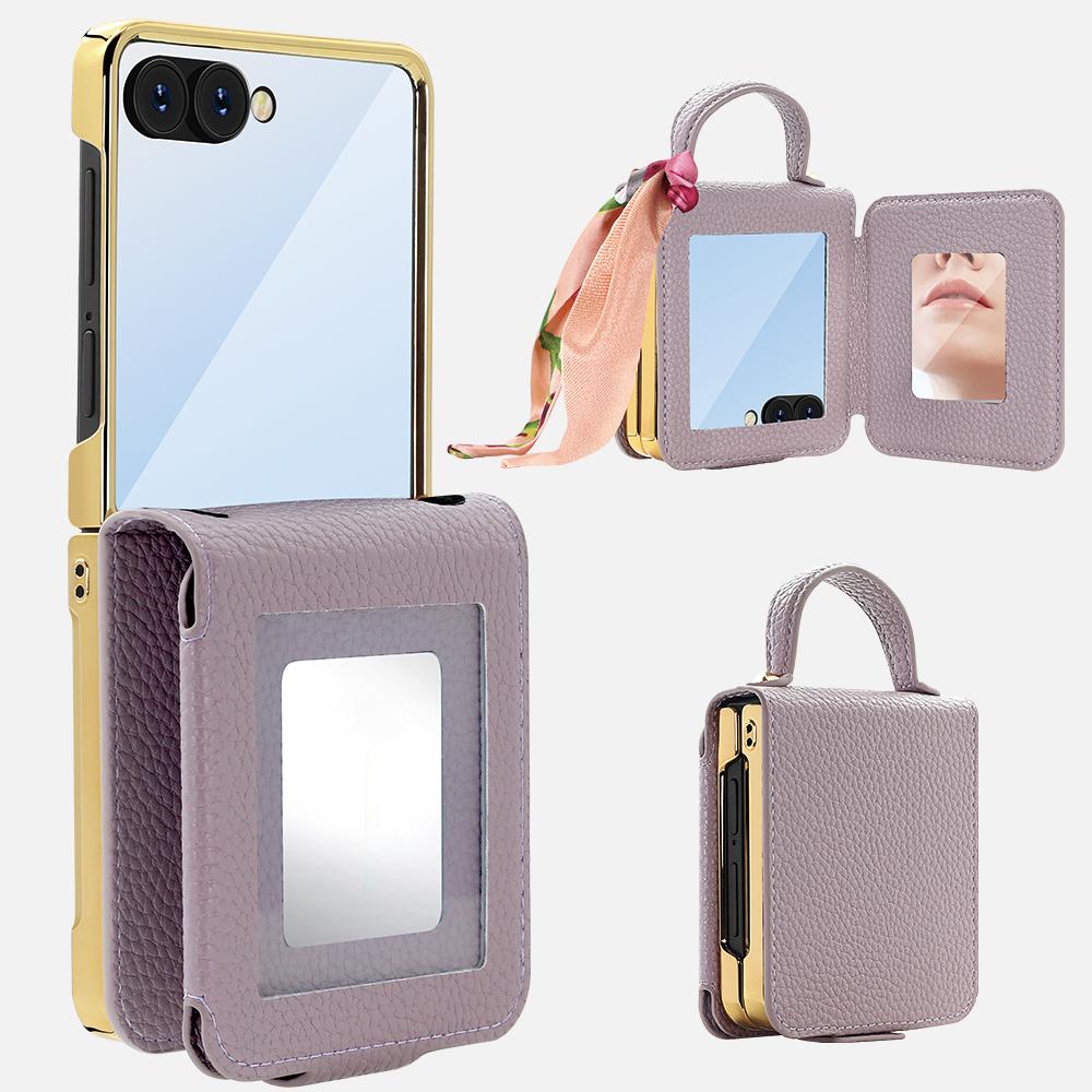 For Samsung Galaxy Z Flip7 5G Case PU Leather+PC Tote Phone Cover with Mirror