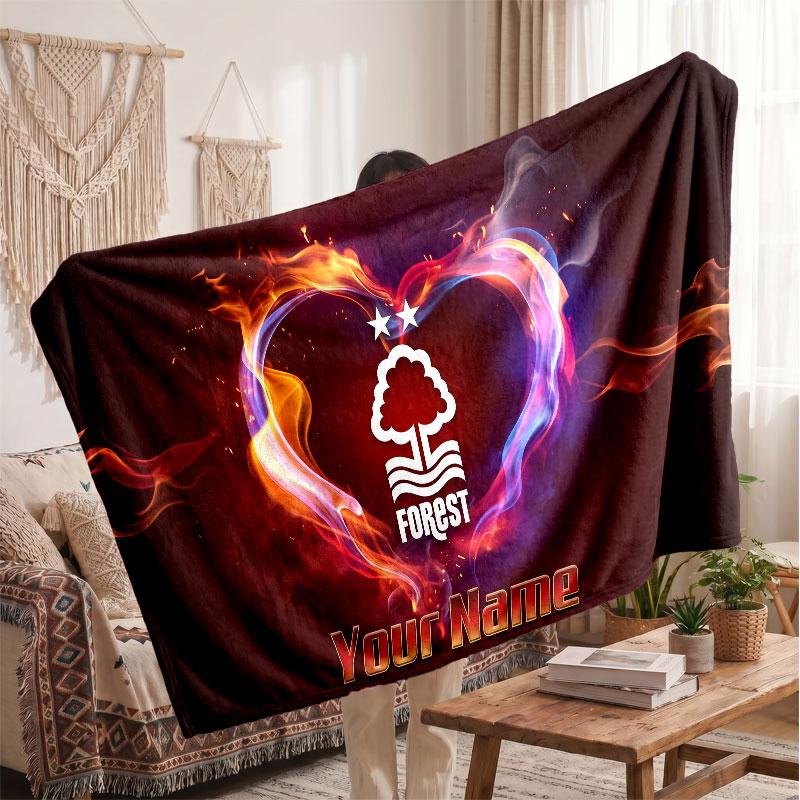 Nottingham Forest Personalized Fleece Blanket With Football Logo, Custom Name Text Soft Warm Home Throw Blanket