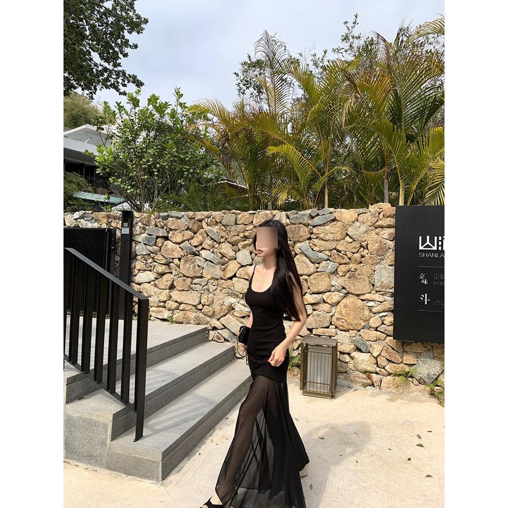 Белое сетчатое платье на бретелях женское летнее французское новое для морского отдыха огромное красивое с юбкой годе и облегающее бедра