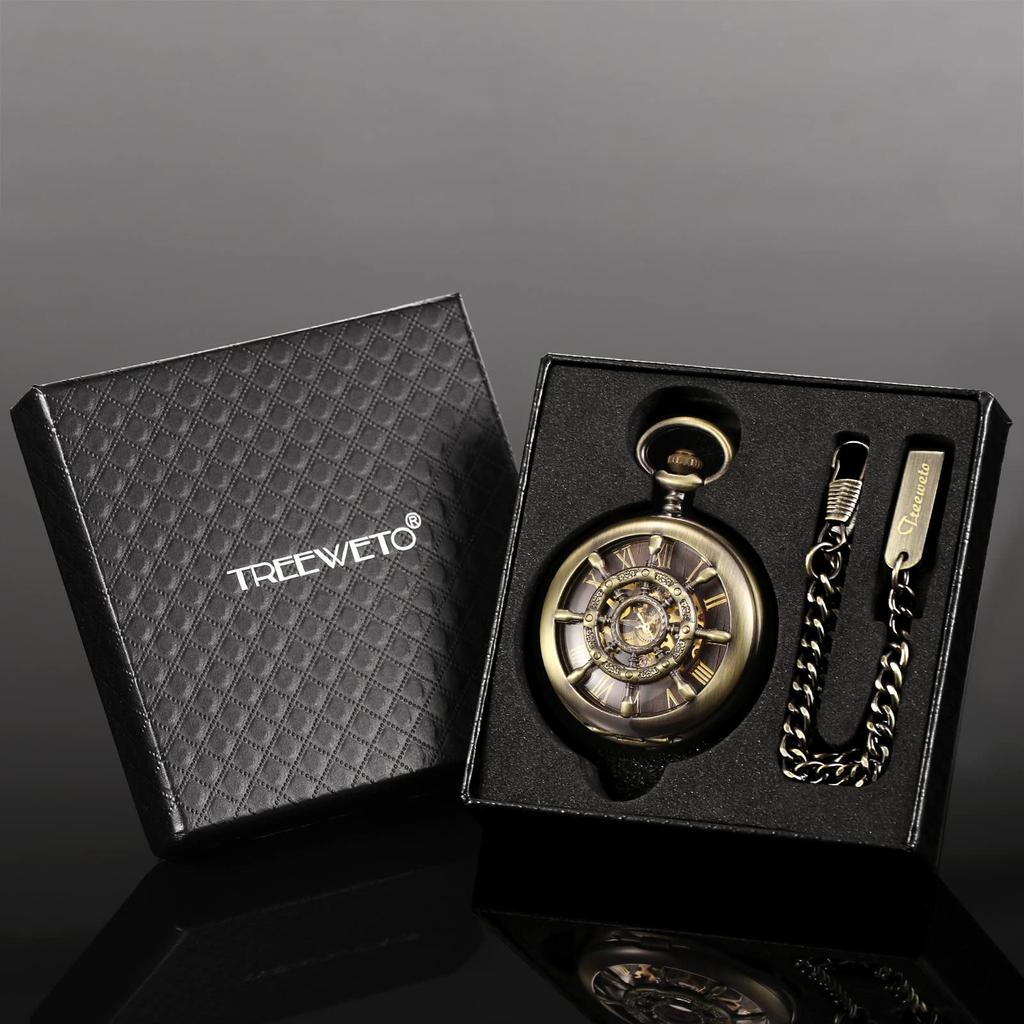 TREEWETO Bronze Double Cover Roman Numeral Dial Skeleton Pocket Watch Men's Women's