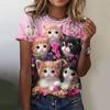 Summer Round Neck 3D Cartoon Cute Cat Print Top Fashionable Casual Short Sleeved Women's T-shirts