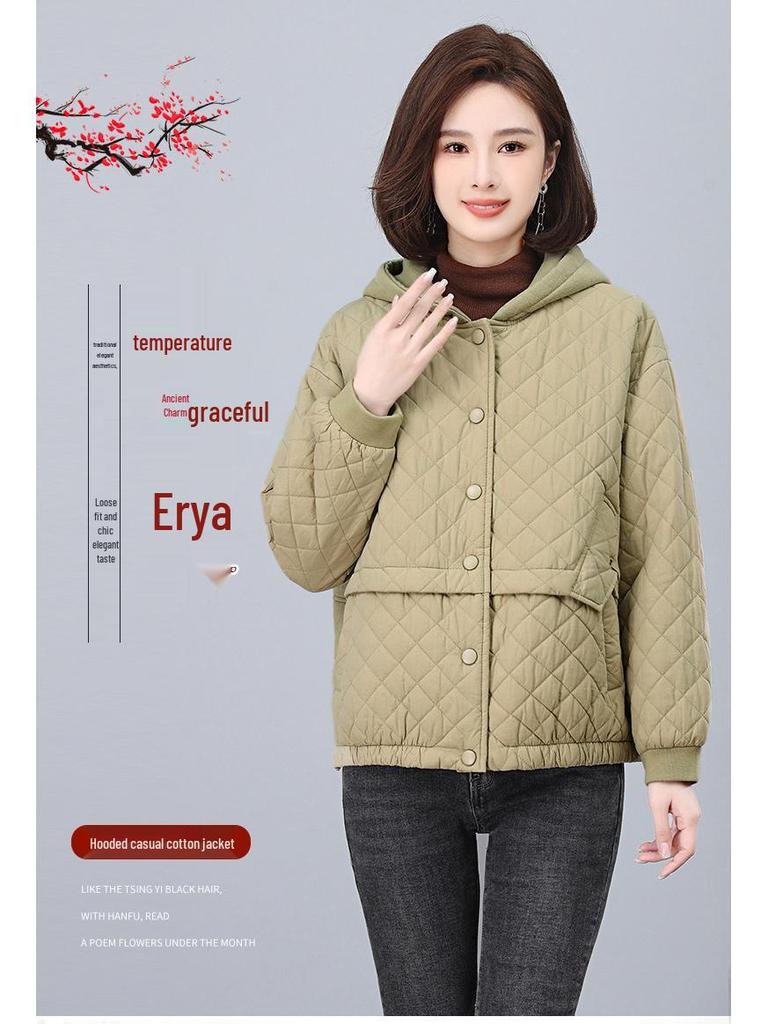 Women's Argyle Hooded Cotton Jacket 2024 - Thickened Short Coat for Autumn/Winter, Petite & Middle-Aged Styles