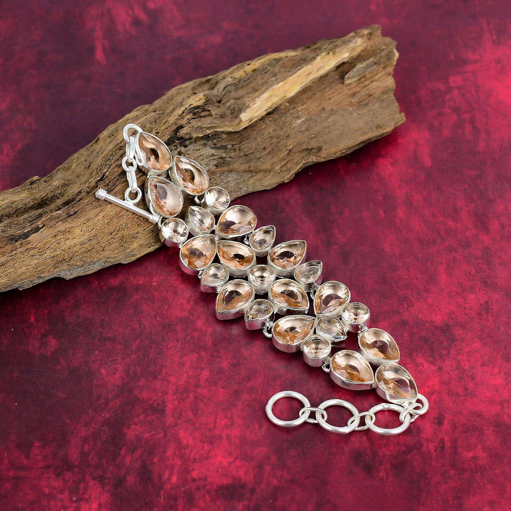 Morganite Bracelet, Handmade Gemstone 925 Solid Sterling Silver Bracelet Antique Jewelry, Adjustable Chain Bracelet, Engagement Gift