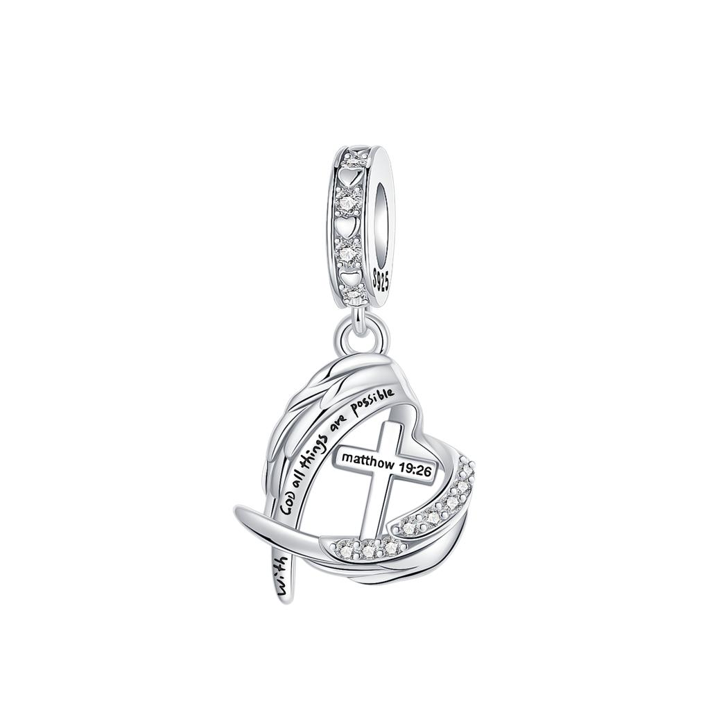 Оригинальные шармы-бусины Медь с инкрустацией цирконием Кулон в виде креста монахини Крыло ангела Подходят для браслета Ювелирный подарок Маркировка