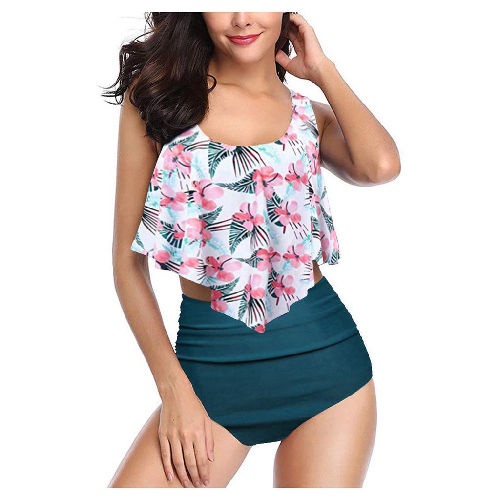 Бикини с рюшами и принтом закрывает живот и демонстрирует тонкий разделенный купальник для женщин