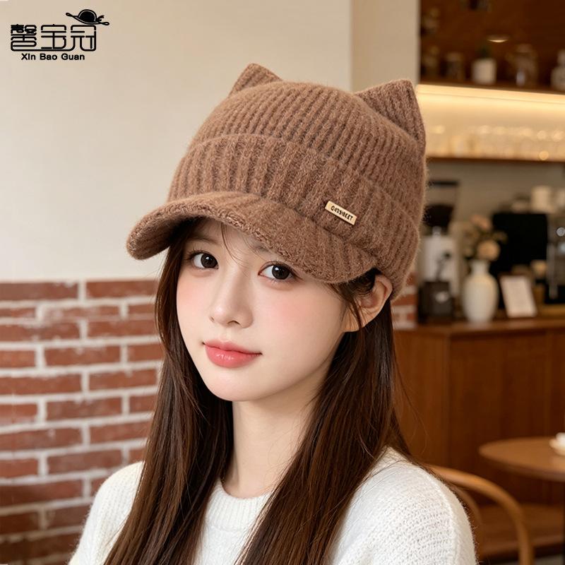 Women S Fleece Warm Cat Ear Knit Baseball Cap For Autumn Winter Outdoor