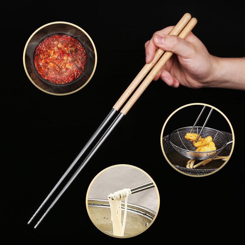 1Pair Stainless Steel Cooking Chopsticks Extra Long Noodles Food Sticks Frying Hot Pot Metal Chinese Chopstick Kitchen Tableware