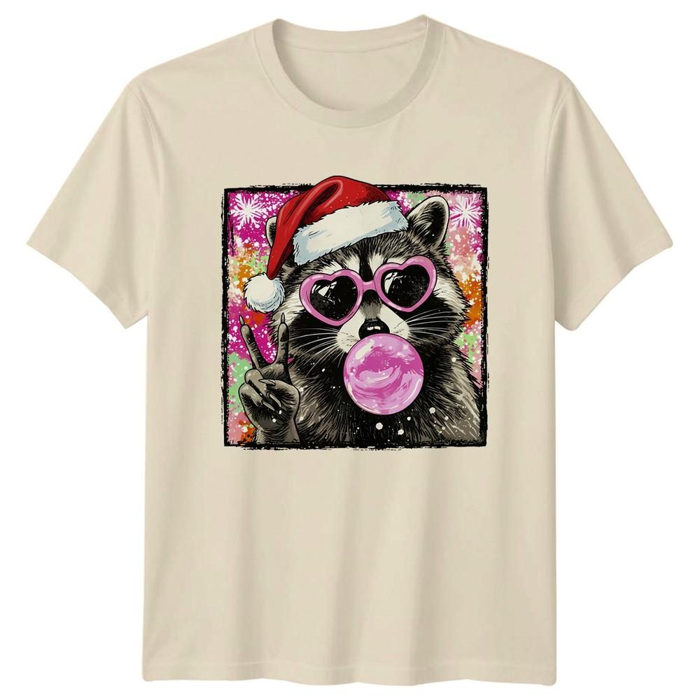 Raccoon Christmas Holidays Unisexs Unisexs Graphic Tee Festive Peace Sign Bubble Gum