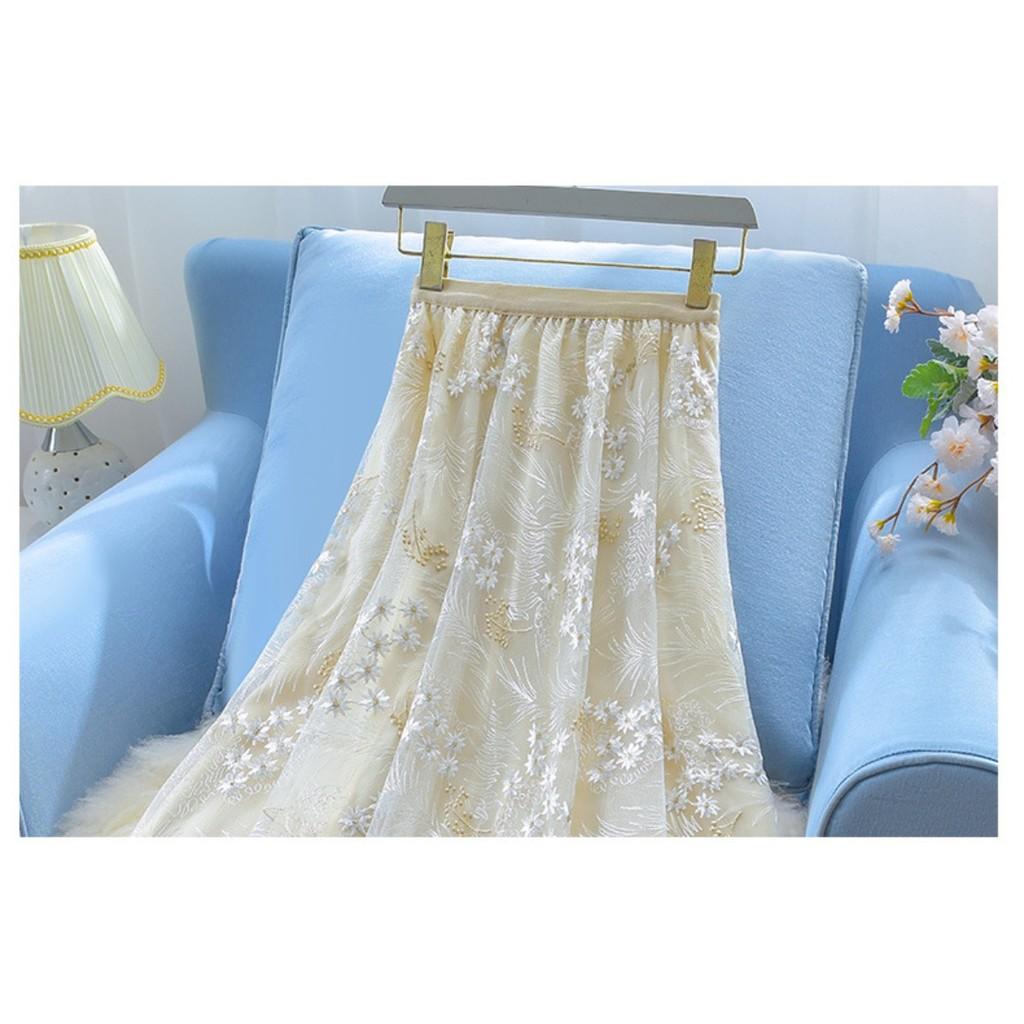 Qooth Women A Line Tulle Embroidered Flowers Skirt Wide Hem Mid Length Elastic Waist Skirt QT2654