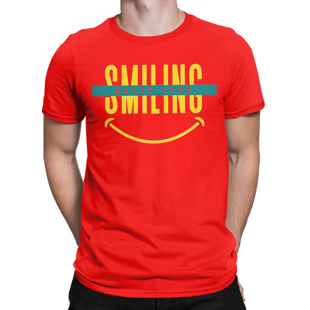 Мужские забавные футболки Never Stop Smiling из 100% хлопка, топы для отдыха с коротким рукавом и круглым воротником, футболки, идея для подарка