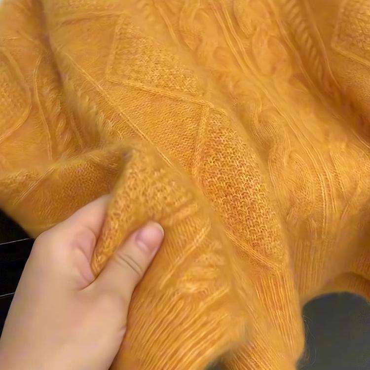 Женский утолщенный пуловер из мохеровой шерсти крупной вязки - оранжевый воротник, мягкий и уютный для осени/зимы