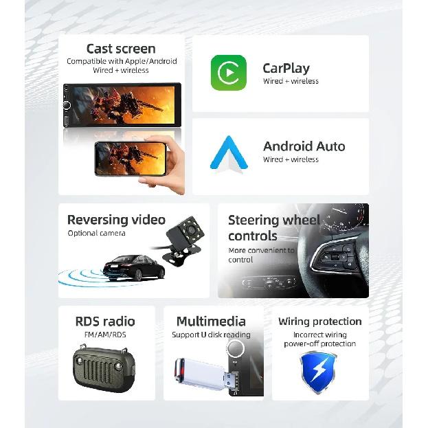 1din 6.86" HD Car Radio Multimedia Carplay Touch Screen Mirror Link Stereo Bluetooth USB FM Camera MP5 Player