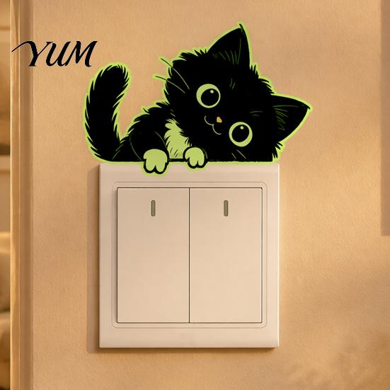 Cute Cat Light Switch Decals Glow in The Dark Black Wall Sticker, Luminous Self-Adhesive Waterproof Plates for Renters Decal, Decorative Room