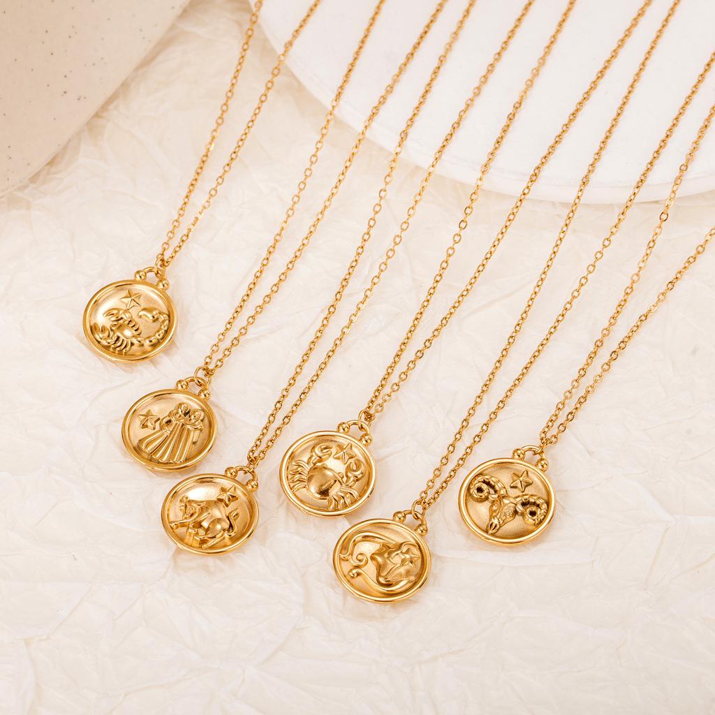 Маленькие и универсальные украшения для темперамента, рельеф двенадцати знаков зодиака, чувство дизайна, круглая подвеска, ожерелье из титановой стали для женщин