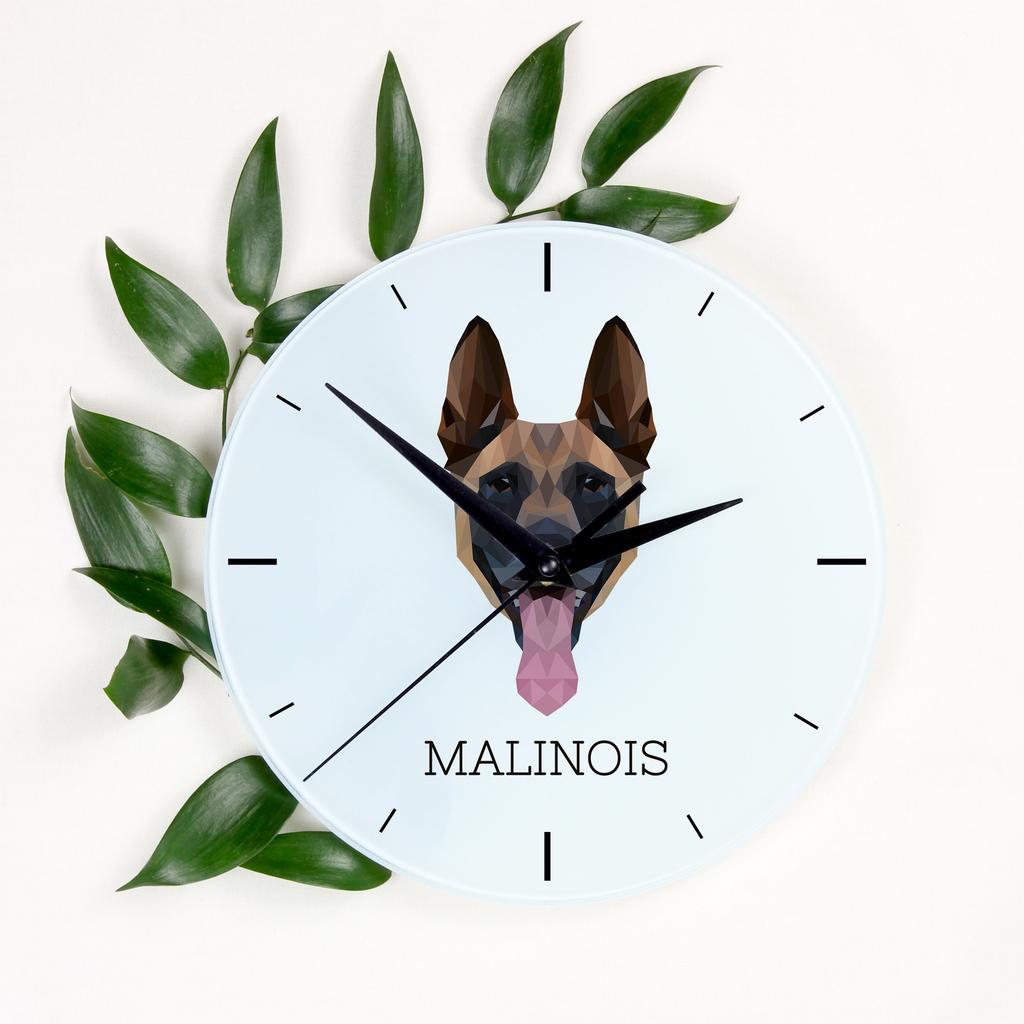 Malinois Owczarek Belgijski -Geometryczny Zegar Ścienny Ze Zdjęciem I Napisem Marki Art-Dog