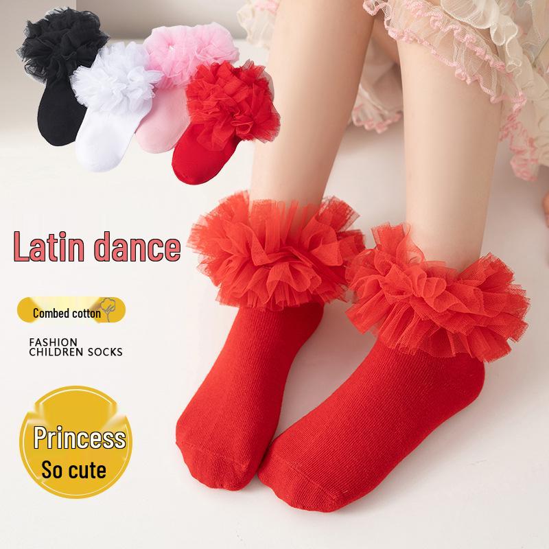Children's Dance Socks - Pure Cotton Lace Socks for Girls, Black & White Latin Dance Styles for Spring & Autumn