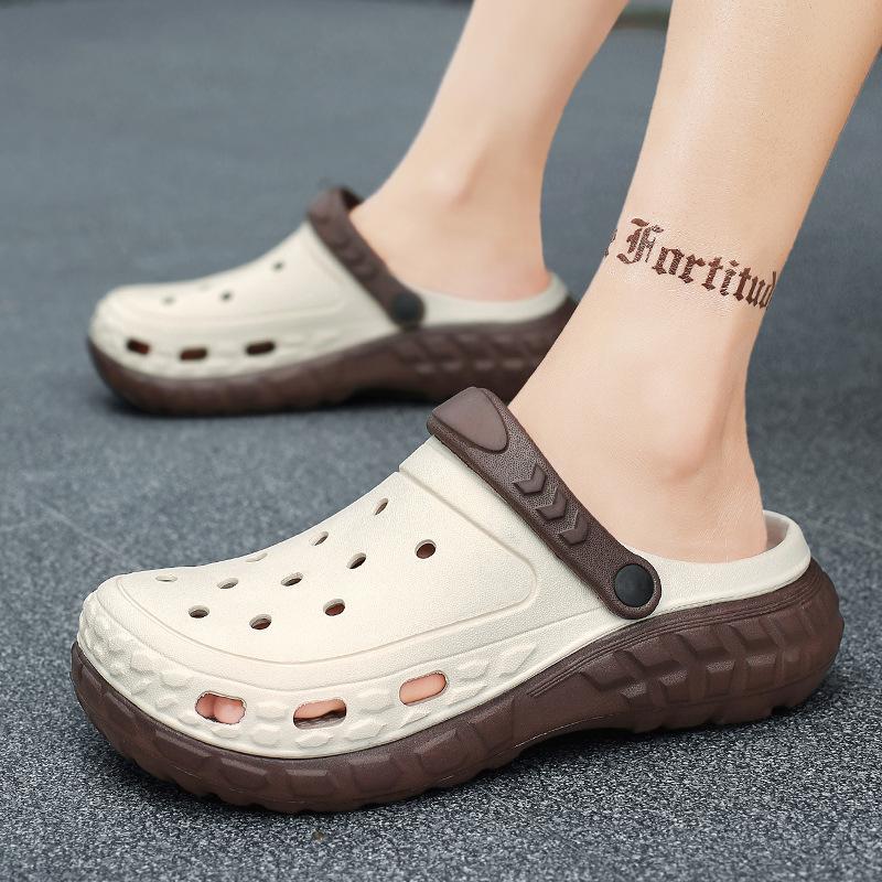 Two-Color Trendy Men'S Hole Shoes Breathable Outside Wear Non-Slip Thick-Soled Bag Head Slippers Men'S Outdoor Beach Sandals