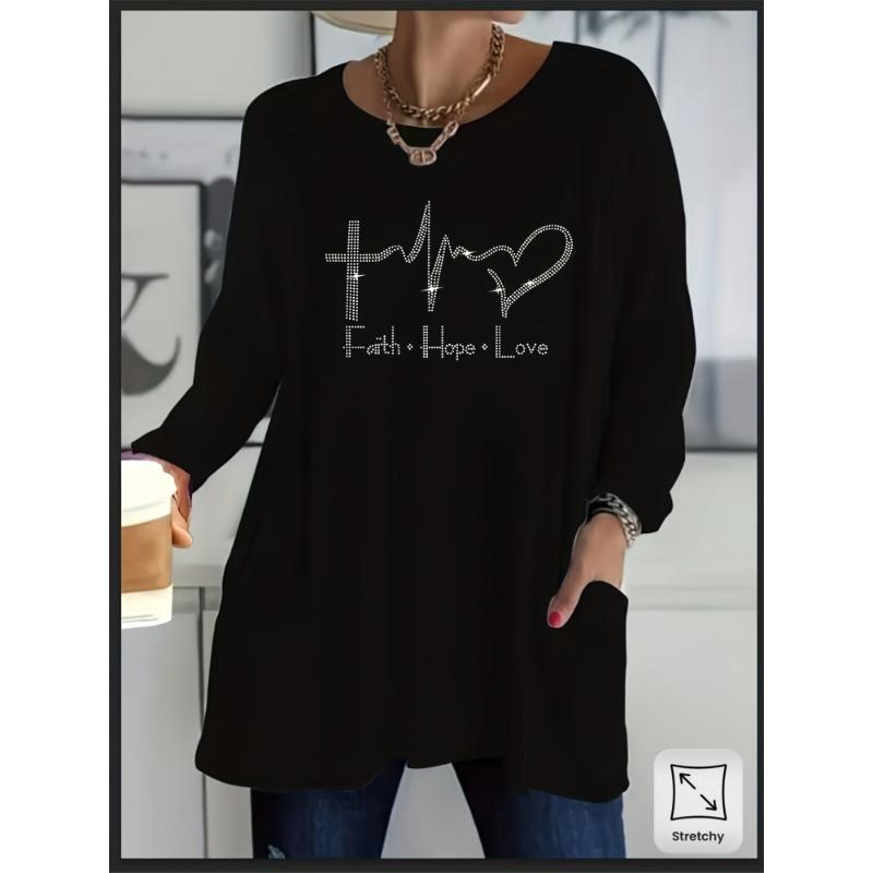 Plus Size Women's Casual Long Sleeve T-Shirt - Heart Rhinestone Design, Side Pockets, Stretch Fabric Crew Neck Top