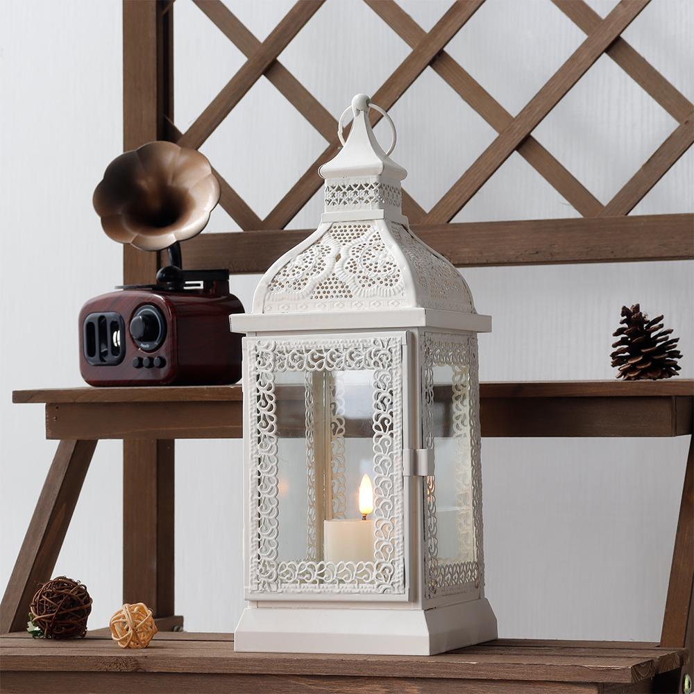 Vintage White Candle Lantern Durable Garden Metal Lantern Empty Square Candle Lantern for Wedding Decoration