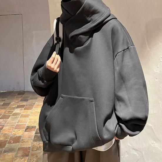 Fall Winter Men Hoodie Oversize Hooded Long Sleeves Pure Color Hip Hop High Collar Big Patch Pocket Elastic Cuff Mid Length Warm Top