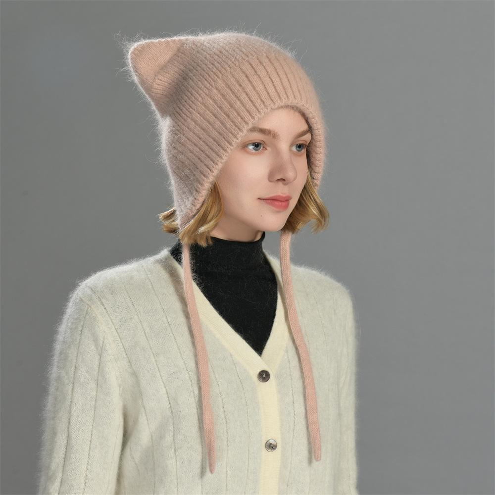 Solid color Angora long rabbit hair lace-up cat ear hat warm wool hat knitted hat windproof ear protection