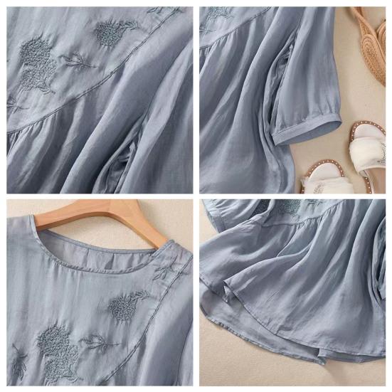 Женская повседневная рубашка с рукавом три четверти, асимметричный подол, вышитый цветочный узор, круглый вырез, однотонный топ