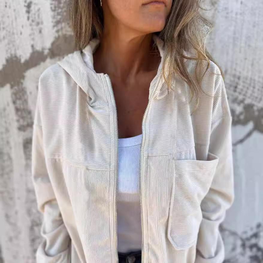 Women's Solid Color Hooded Corduroy Jacket, New Autumn Simple Style Zip Up Casual Coat With Pocket, Relaxed Fit Versatile Daily Wear Ladies Outerwear