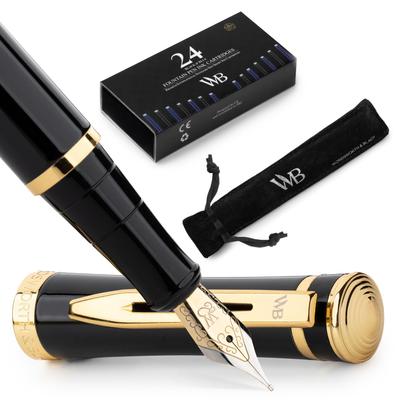 Перьевая ручка Wordsworth Black 18K Glided Medium включает в себя 24 стержня для чернил, подарочный золотой стержень, идеально подходит для мужчин и женщин, а также набор, перо, картриджи и т. д.