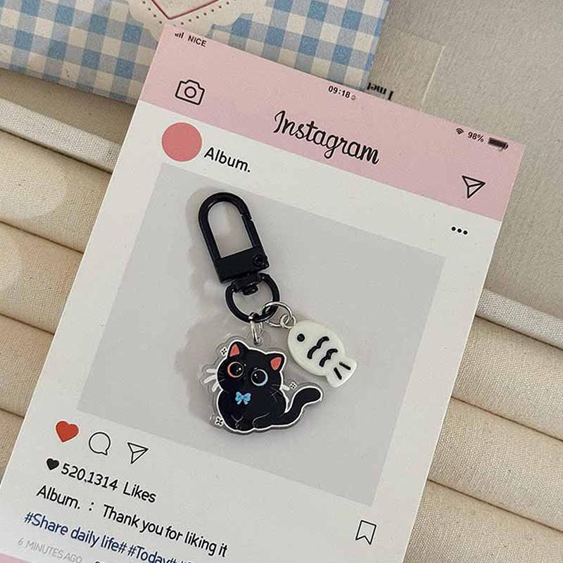 Kawaii Black Cat Little Fish Keychain Cute Cartoon Kitten Acrylic Keyring Couple Key Holder Bag Pendant Hanging Decoration Gifts