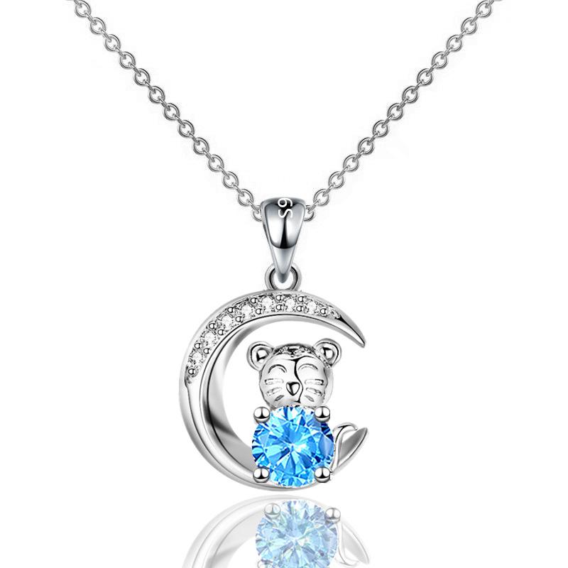 Year Of The Tiger Imitation S925 Silver Zodiac Tiger Pendant Necklace Female Moon Clavicle Chain