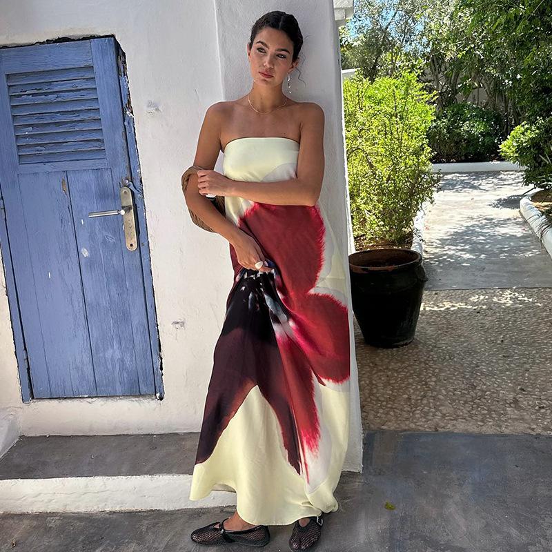 Floral Printed Strapless Loose Robes Women Sexy Off Shoulder Sleeveless Backless Maxi Dress Fashion Lady Party Dresses
