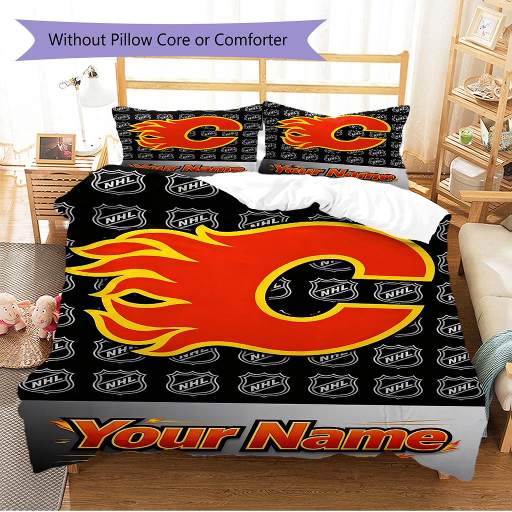 Name Custom Calgary Flames Pattern Bedding Set Quilt Cover Pillowcase Home Decor Gift (1 * duvet cover + 2 * pillowcase, without core)
