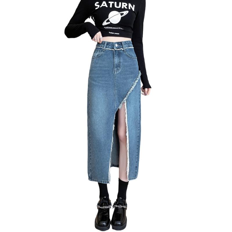 Необработанный край Дизайн А-силуэта Женская Нестандартная Винтажная Высокая Талия Разрез Пакет Бедра Средней Длины Юбка Универсальная Удобная Модная Джинсовая Юбка-Бюстье