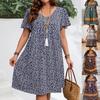Women's Floral Print V-Neck Short Sleeve Bohemian Dress with Geometric Patterns