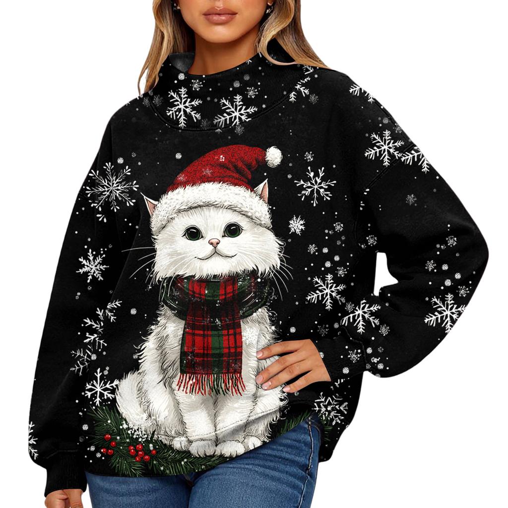 Ladies' Fashionable Christmas Printed Long Sleeved High Neck Sweatshirt Top