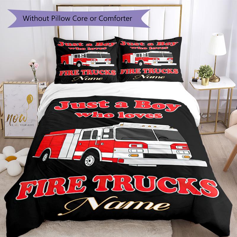 Fire Truck1 Customize Your Name Bedding Set Breathable Duvet Cover With Pillowcases Decorative Bed Linen For Bedroom Home Decoration Birthday Gift