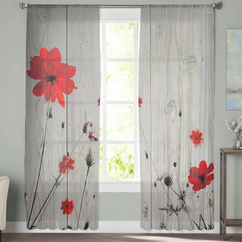 Молодежные прозрачные шторы для спальни в стиле ретро, ​​красные маки, кухонные шторы для учебы, гостиной, праздничный декор, тюлевые шторы
