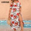 Plus Size Women's Strapless Printed Dress Beach V Neck Short Sleeve Loose Swing Dress Long Dress