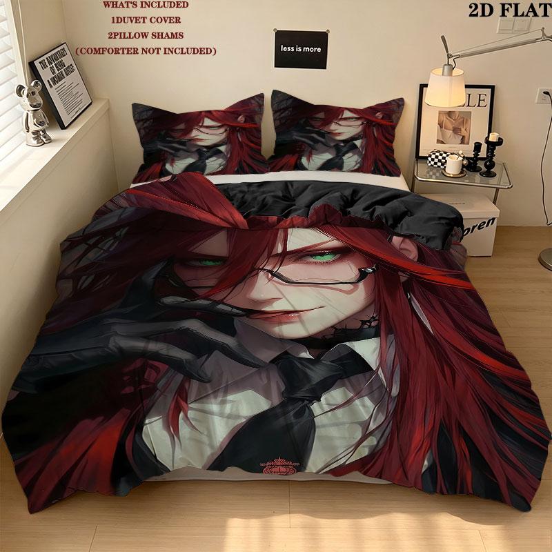 Black Butler Pattern Bedding Quilt Set Quilt Cover Pillowcase Home Birthday Gift(1 * duvet cover + 2 * pillowcase, without core)