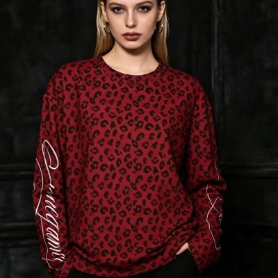 Retro Loose Leopard Print Double Sleeves Letter Print Round Neck Casual Long Sleeved T-shirt American Trend Street Men's Women's