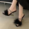Fashion Designer Open Toe Fuax Fur Crystal Womens Slippers Fretwork High Heels Party Dress Slide Shoes