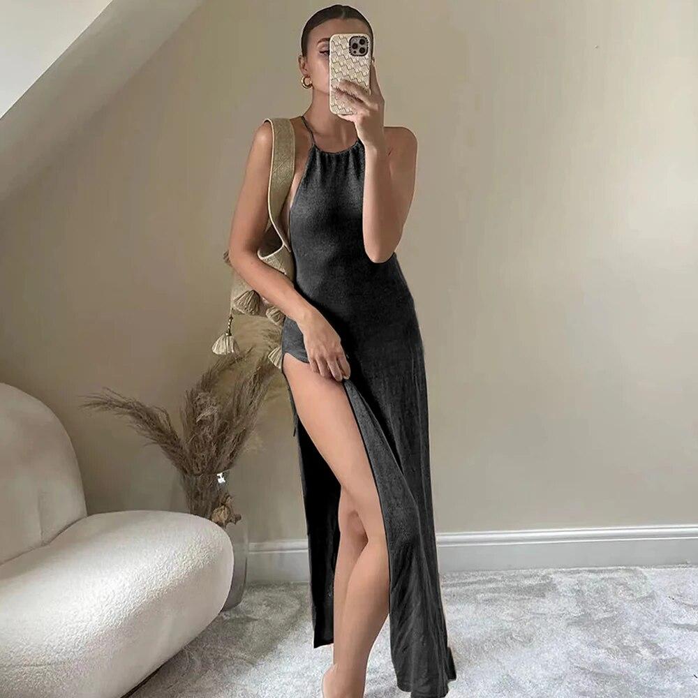 EDOLYNSA 2024 Kintted Cover Up Beach Сексуальная Холтер Без Рукавов Прозрачный Макси Разрез Bodycon Летнее Платье Бикини Прикрытия Элегантный Холтер Пляжное Платье