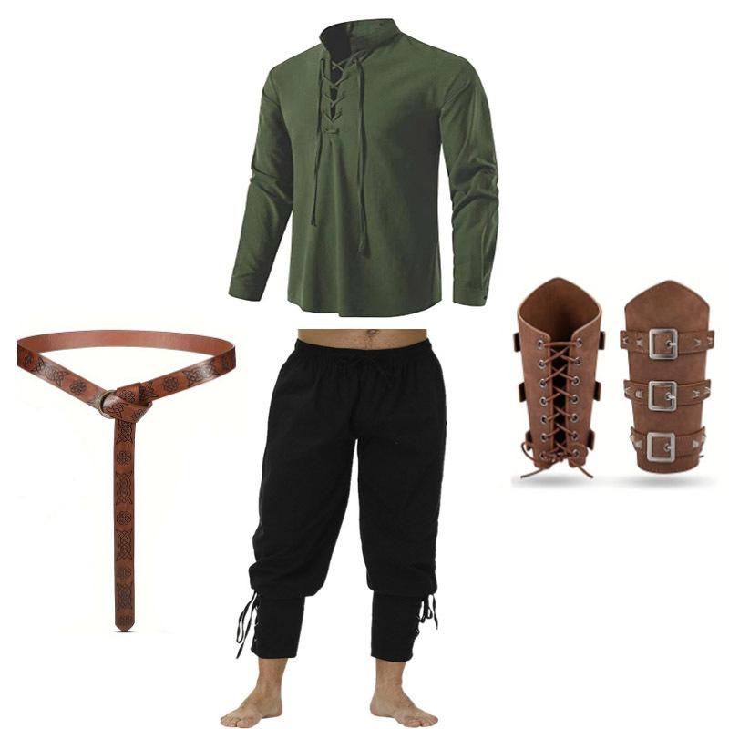 Men's Renaissance Costume Set Medieval Vintage Costume Pirate Shirt And Pants Viking Belt And Accessories Halloween Costume