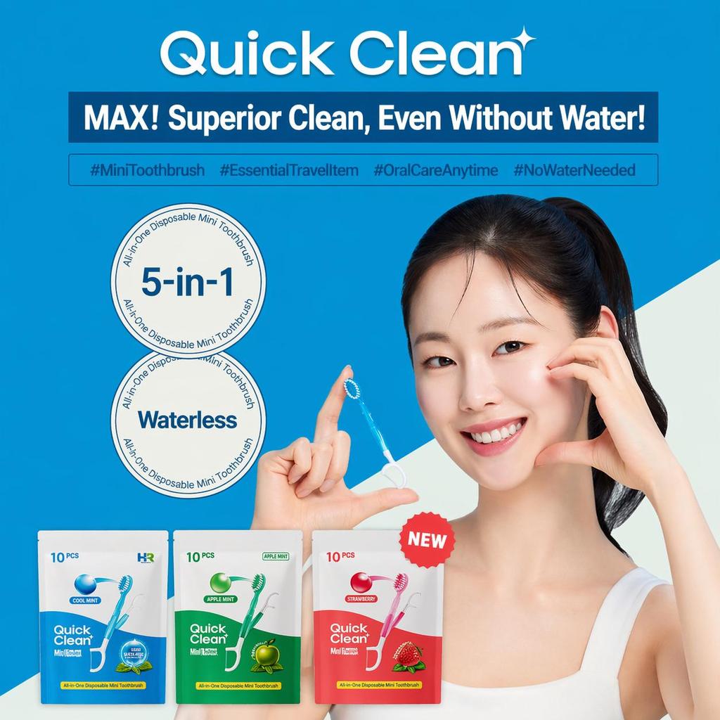 HR Medical Одноразовая зубная щетка Quick Clean 5-в-1, 10 шт. (Мята / Яблочная мята / Клубника) (10 вариантов)