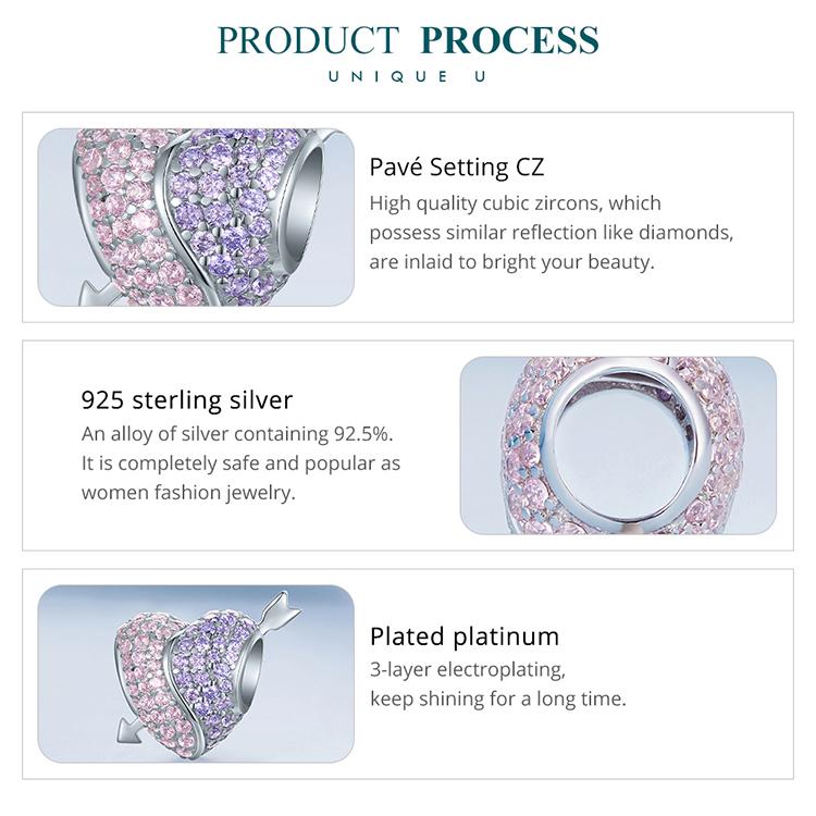 BAMOER Стерлинговое серебро 925 пробы со сверкающими фиолетовыми и розовыми цирконами Тай Чи и подвесками в форме сердца из бисера, ювелирные украшения