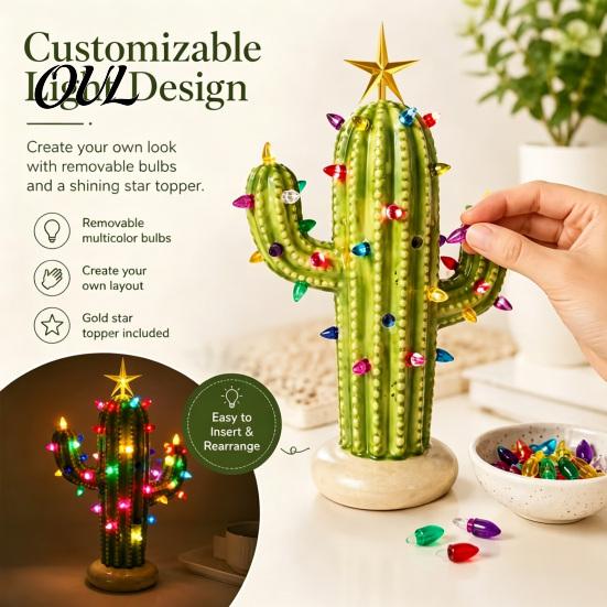 Stable Base Desktop Decoration Vintage Lighted Cactus Christmas Tree, Saguaro Decor with Bulbs & Golden Resin Tabletop for Home Star Topper,