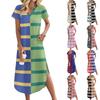 Women's Casual Comfortable V Neck Loose Hem Split Vacation Short Sleeve Striped Long Dresses